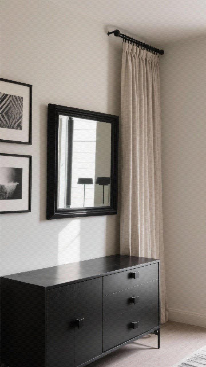 Medium shot of modern black accents: matte black cabinet hardware, a black-framed mirror above a console, slim black metal curtain rod with natural linen drapes, and thin black frames on monochrome art; creamy backdrop with charcoal contrast; gentle directional light creating crisp edges; photorealistic, straight-on.