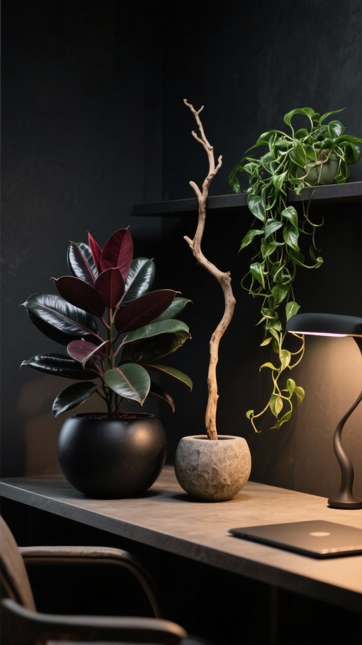 Medium shot of moody greenery and organic shapes: a ZZ plant with dark glossy leaves in a matte black rounded planter, a rubber plant with deep burgundy foliage in a stone vessel, and a trailing pothos spilling from a shelf; a single sculptural branch in a tall vase on the desk; low, warm lighting highlights organic curves against dark finishes.