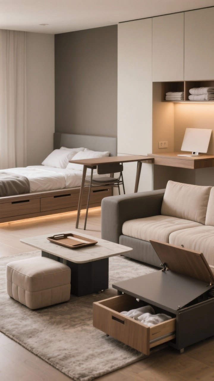 Medium shot of multi-tasking furniture ensemble: a modern daybed/sofa bed with neutral upholstery, a storage ottoman serving as a coffee table with a tray on top, a compact drop-leaf table set up as a desk with one leaf down, and a lift-top coffee table partially opened to reveal hidden storage; in the background, a platform bed with drawers slightly open showing organized linens; warm ambient lighting, functional and tidy.
