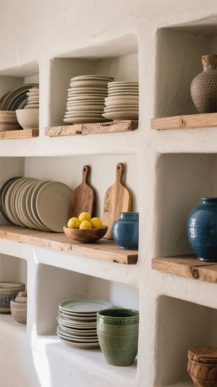 Medium shot of open shelving styled to feel collected: thick wood shelves with visible grain over plaster niches; groupings of stacked neutral plates, leaning olive‑wood cutting boards, a bowl of lemons, and a controlled pop of cobalt and olive in ceramics; daily-use items on lower shelves, decorative pieces higher; soft natural side light for clarity.