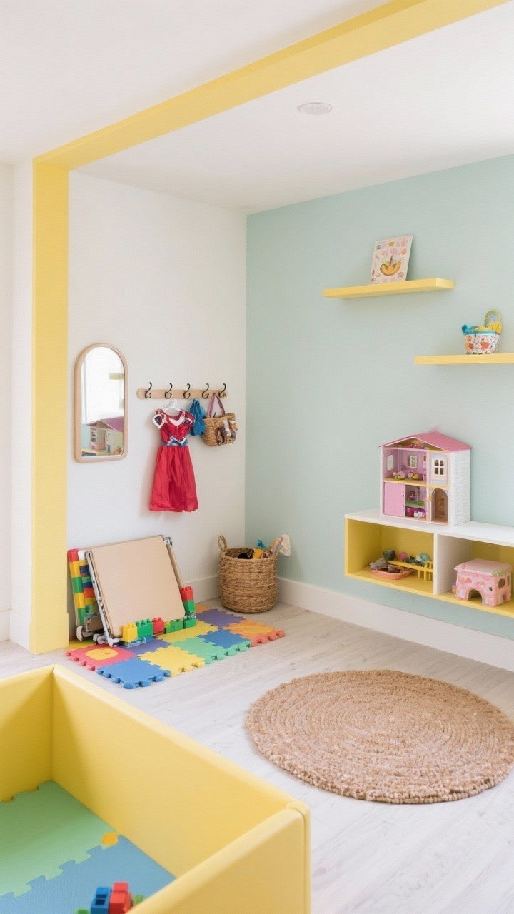 Medium shot of play zones with smart boundaries: a dress-up corner with a mini mirror, hook rail, and a basket for accessories; a foldable block-building mat laid out near a low shelf; a dollhouse shelf that doubles as decor when closed; zones defined by small rugs and shelf placement; bright, cheerful, uncluttered