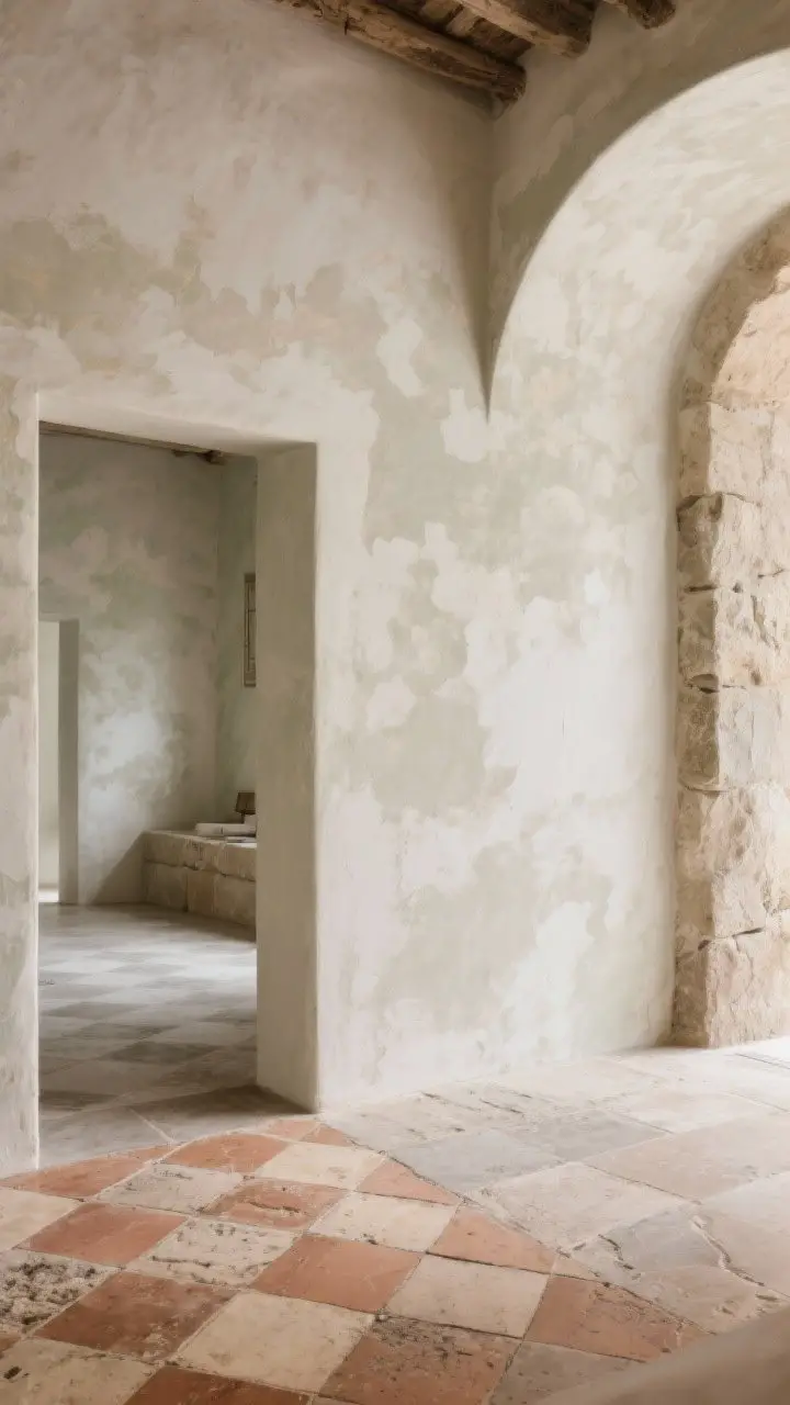 Medium shot of rustic finishes: limewashed walls with velvety, cloudlike variation, tumbled terracotta tiles underfoot transitioning to a muted checkerboard floor in an adjacent space; stone-look porcelain in a high-traffic area; diffused daylight grazing textures to emphasize imperfection and quiet luxury.