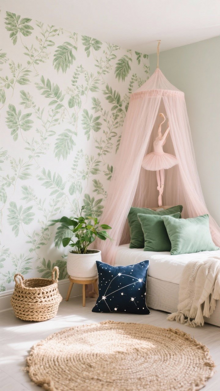 Medium shot of softly themed decor that doesn’t scream theme: a cohesive corner featuring a leafy botanical peel-and-stick wallpaper panel, green accents through pillows and a potted plant, a blush tulle canopy nodding to balletcore, and a navy cushion with constellation print for a cosmic touch; woven textures and sandy neutrals in a jute rug and basket hint at coastal; keep themes restrained to 3–4 decor moments; warm daylight.