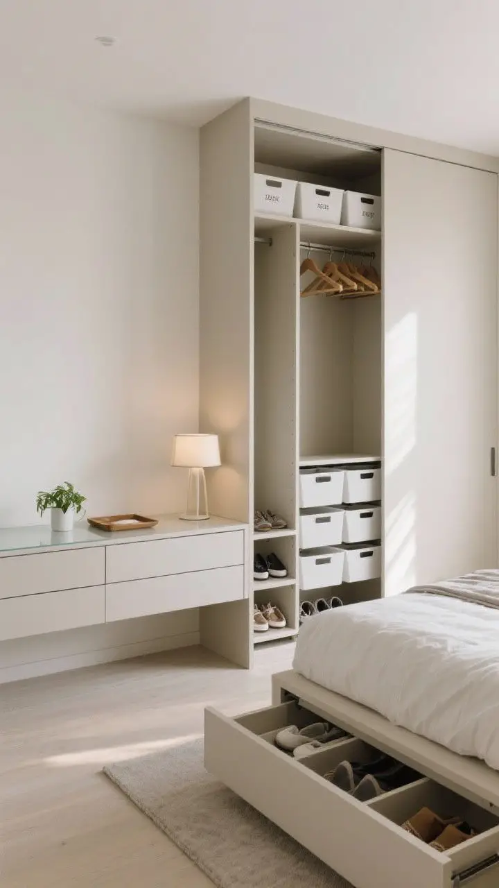 Medium shot of storage solutions: A bed with built-in drawers or a lift-up storage base in a compact room, paired with a low, long dresser. The dresser top is 70% clear, styled with only a lamp, a small plant, and a tray. Closet door ajar revealing uniform hangers, labeled shelf bins, and a tidy shoe rack. Neutral palette, clean lines, daylight.