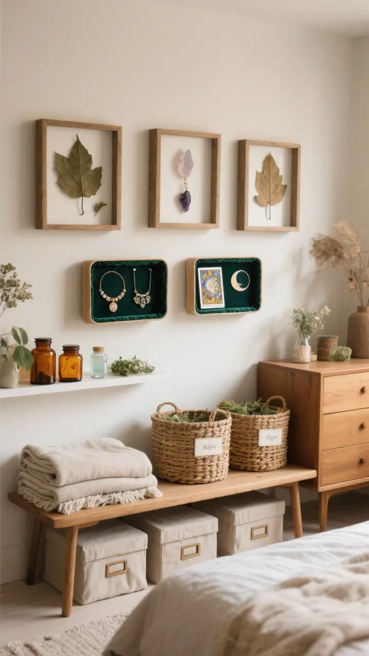 Medium shot of stylish storage solutions: shadow boxes on a wall displaying crystals, pressed leaves, and talismans; velvet-lined trays on a dresser holding jewelry and tarot decks; wicker baskets tucked under a bench with folded blankets; neatly labeled amber jars for herbs and moon water on a shelf; under-bed boxes with fabric covers partially visible; clean, intentional look with soft warm light, no people, photorealistic.
