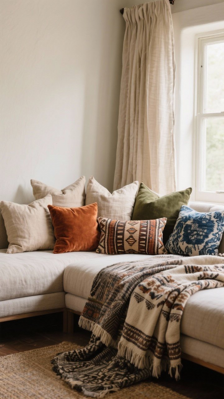 Medium shot of upgraded textiles on a sofa and window: a curated set of 5–7 pillows—two 22-inch in linen neutrals, two 20-inch in velvet rust and olive, one patterned lumbar (mudcloth-inspired), plus a wild-card indigo print; two layered throws—one patterned, one textured—casually draped; floor-kissing linen curtains that let in soft light; unified palette for a polished, boho-calm feel
