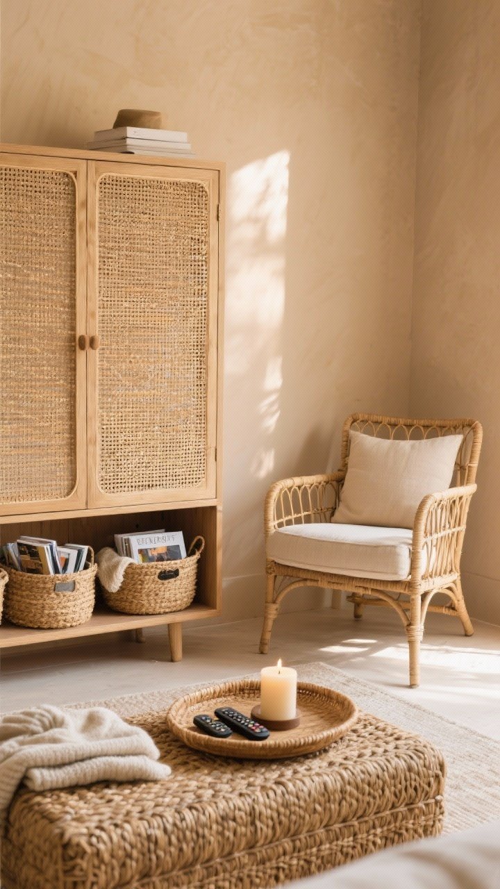 Medium shot of woven accents adding warmth: a cane-front cabinet against a warm neutral wall, a rattan side chair with a neutral cushion, and seagrass baskets storing blankets and magazines; a woven tray on an ottoman corrals remotes and a candle; soft afternoon light, photorealistic.