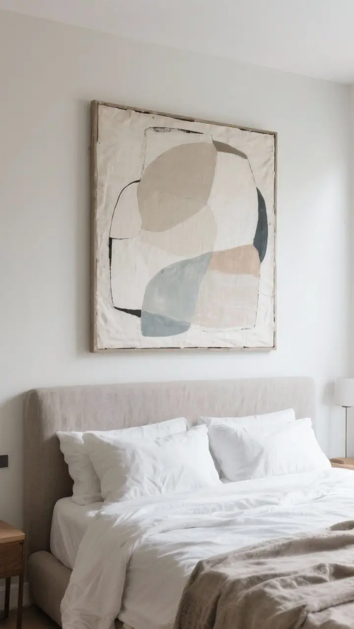 Medium shot: Oversized art centered above the headboard, spanning about 70% of the bed’s width, hung 7 inches above the headboard. The single large piece has a calming abstract in muted tones. Alternative DIY vibe hinted by fabric stretched over a frame texture. Clean lines, no clutter, neutral walls. Balanced, indirect daylight, straight-on view.