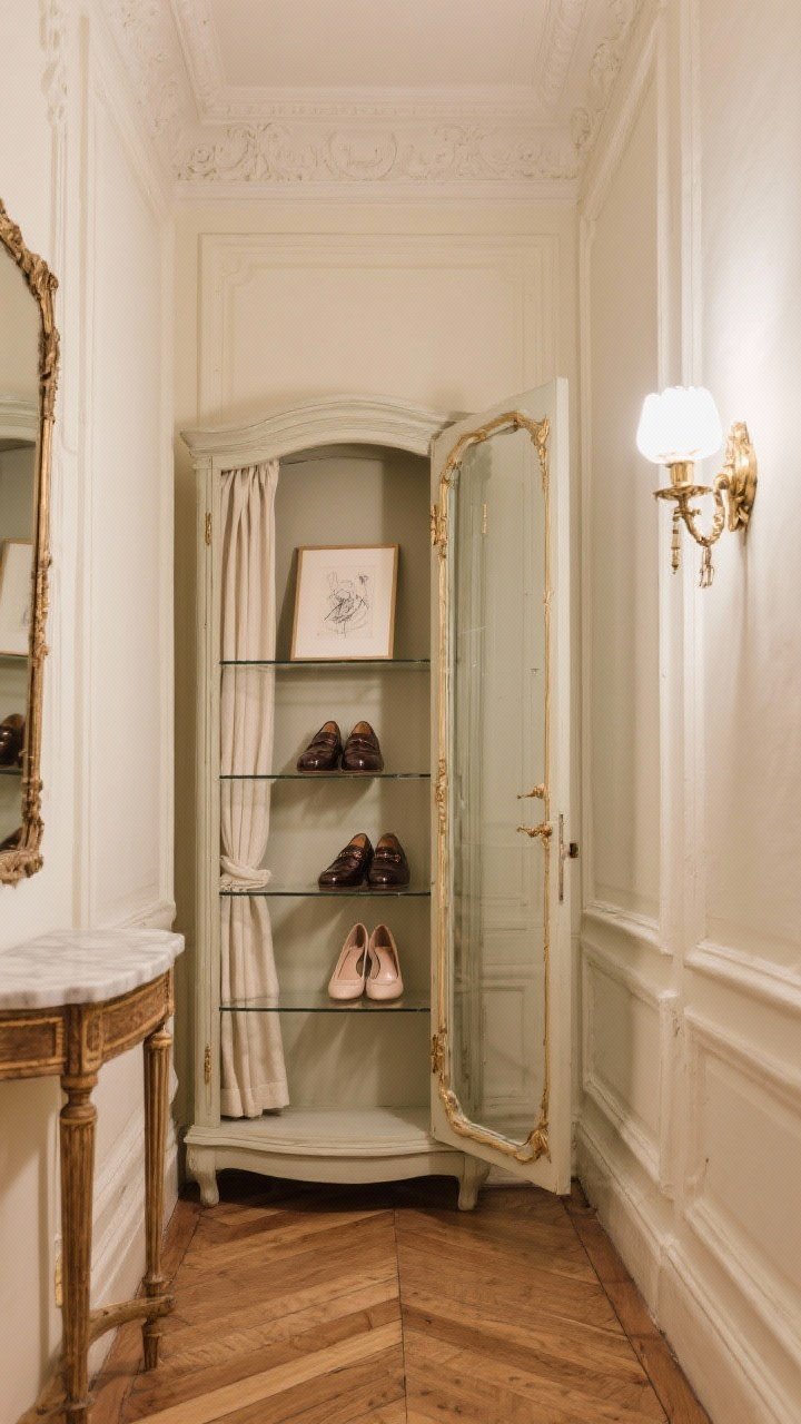 Medium shot, Parisian hallway: classic wall molding, warm oak herringbone floors, vintage glass-front armoire repurposed as a shoe display; inside, linen-lined adjustable shelves with clear risers showcasing polished loafers and delicate heels like collectibles; a petite marble console nearby and an antique brass sconce casting warm glow; small framed sketch leaning inside the cabinet; cream walls, antique brass details, elegant old-world mood, angled perspective.