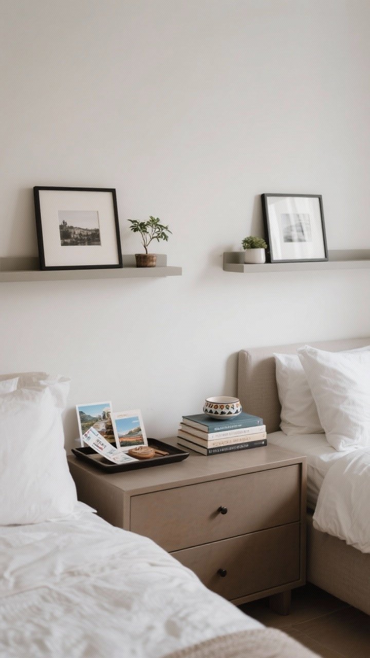 Medium shot: Personal-yet-edited display—a narrow ledge above each side of the bed with a couple of meaningful framed photos and a tiny plant; a low tray on the dresser with travel tickets, a postcard, and a small ceramic dish souvenir; two favorite books stacked on each nightstand; shared, serene feeling.