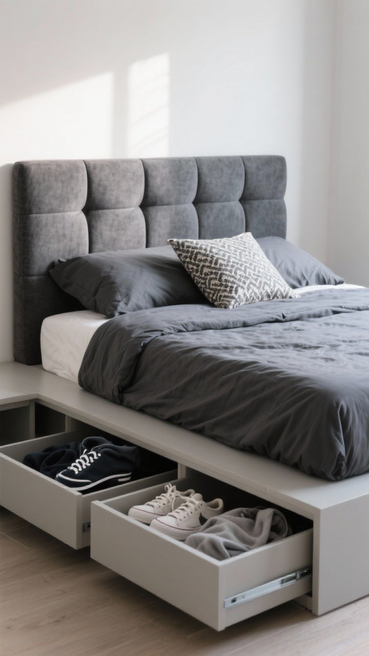 Medium shot: Platform bed with deep under-bed drawers partially open revealing hoodies and sneakers, padded upholstered headboard in charcoal fabric, textured solid-color duvet in dark gray with one patterned accent pillow. Soft morning light, minimal decor, emphasis on functional storage and clean lines.