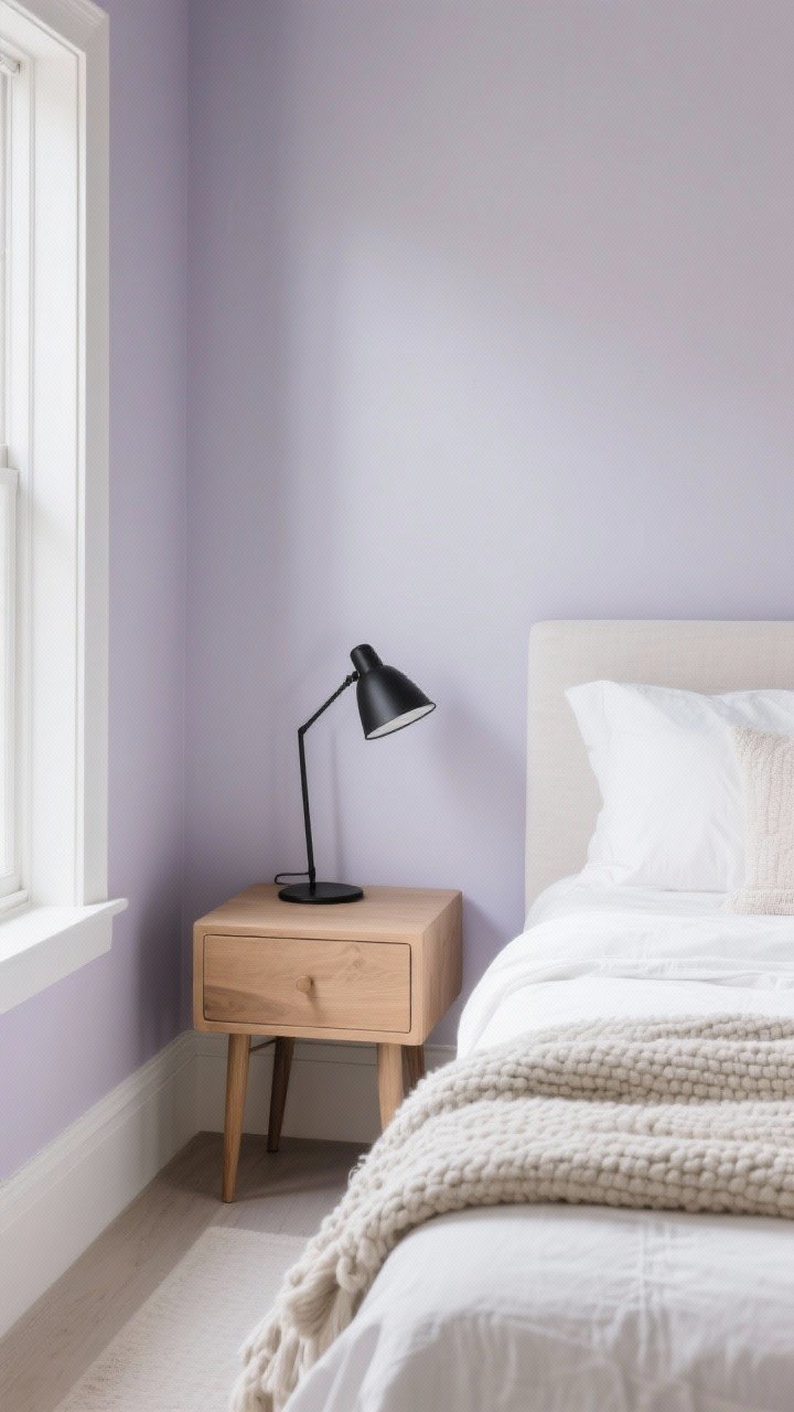 Medium shot: Serene bedroom nook painted pale lavender-gray (Calluna/Silver Peony) with cool, light-bouncing undertones. Warm wood side table, cream textiles on the bed, and a matte black reading lamp balance the palette. Add a chunky textured throw to keep it cozy, not cold. Soft daytime light; photorealistic, slight angle showing wall, bedding, and accents.