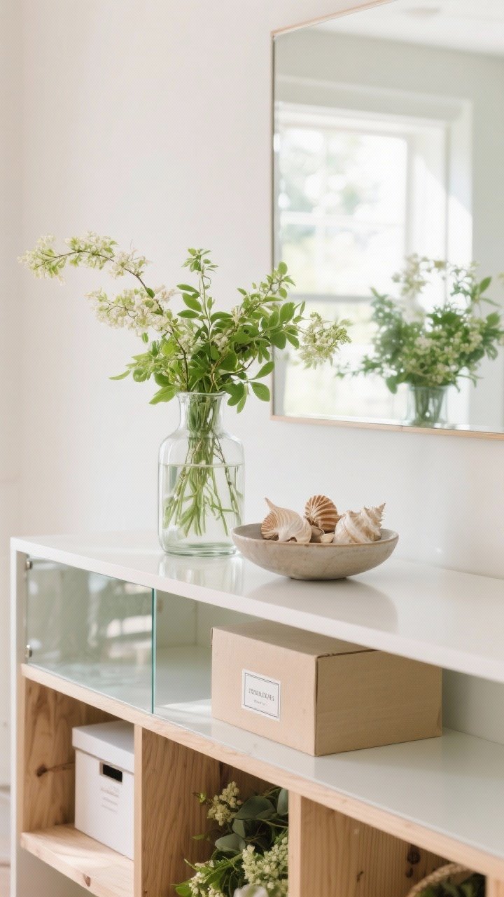 Medium shot showcasing seasonal swaps: spring/summer accent styling with fresh greenery in a glass vase, a few shells in a shallow bowl, and lighter wood elements; the core layout remains the same. Clean, bright daylight, crisp reflections in glass, a tidy labeled box glimpsed on a lower shelf hinting at stored seasonal decor.
