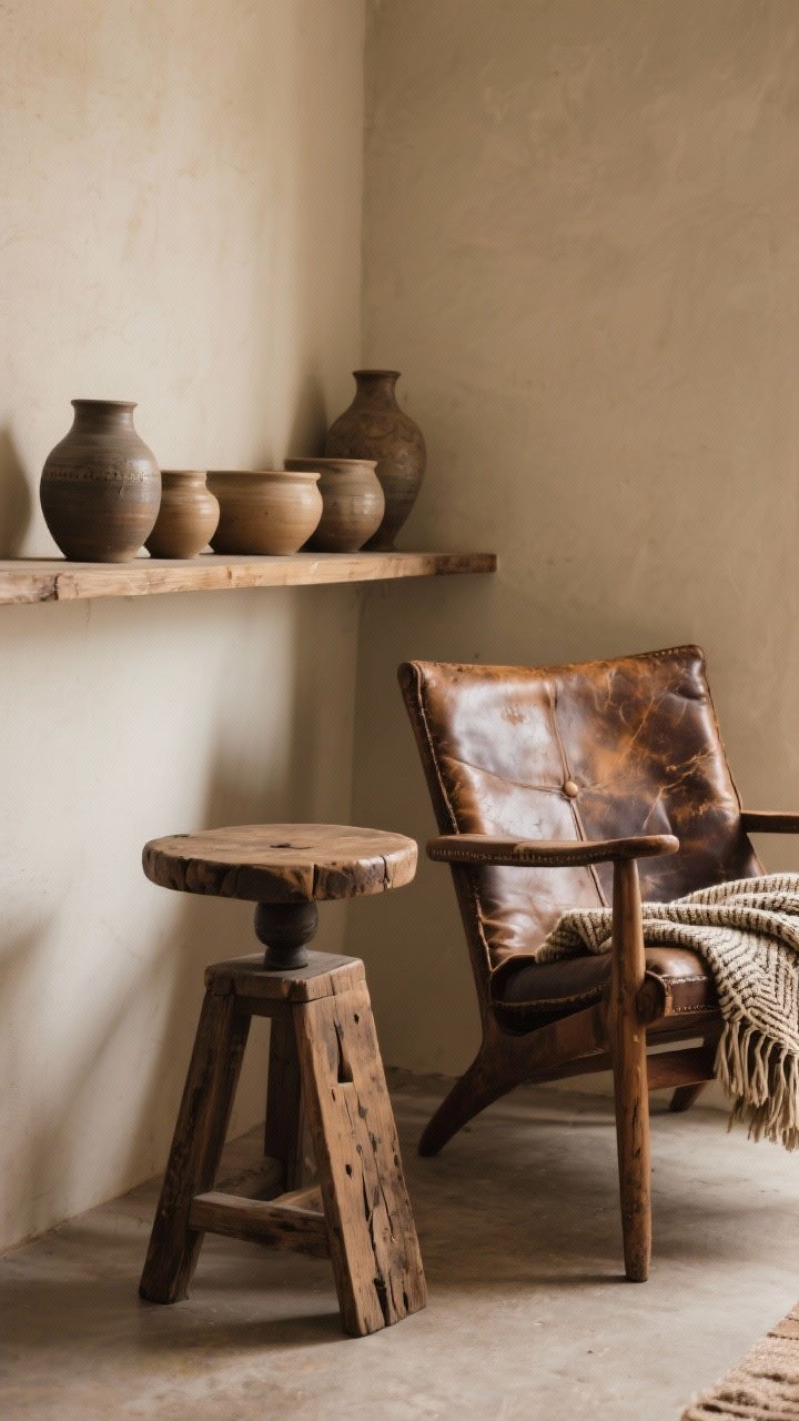 Medium shot showcasing vintage and handmade soul: a timeworn leather chair with patina, a vintage wood stool as a side table, hand-thrown ceramics on a shelf, and a woven blanket draped casually; subtle scratches and faded finishes visible; warm, inviting lighting that highlights texture and age, photorealistic.