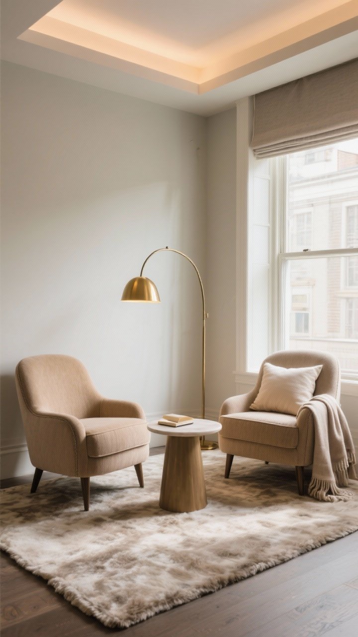 Medium shot sitting nook: Luxe mini lounge—pair of slipper chairs in mushroom-toned fabric with a low-profile round side table between, a brass reading lamp arcing overhead; plush rug defining the zone; a soft throw and one perfect pillow on a chair; window backdrop with layered lighting to suggest a suite-like retreat; calm, inviting afternoon light.