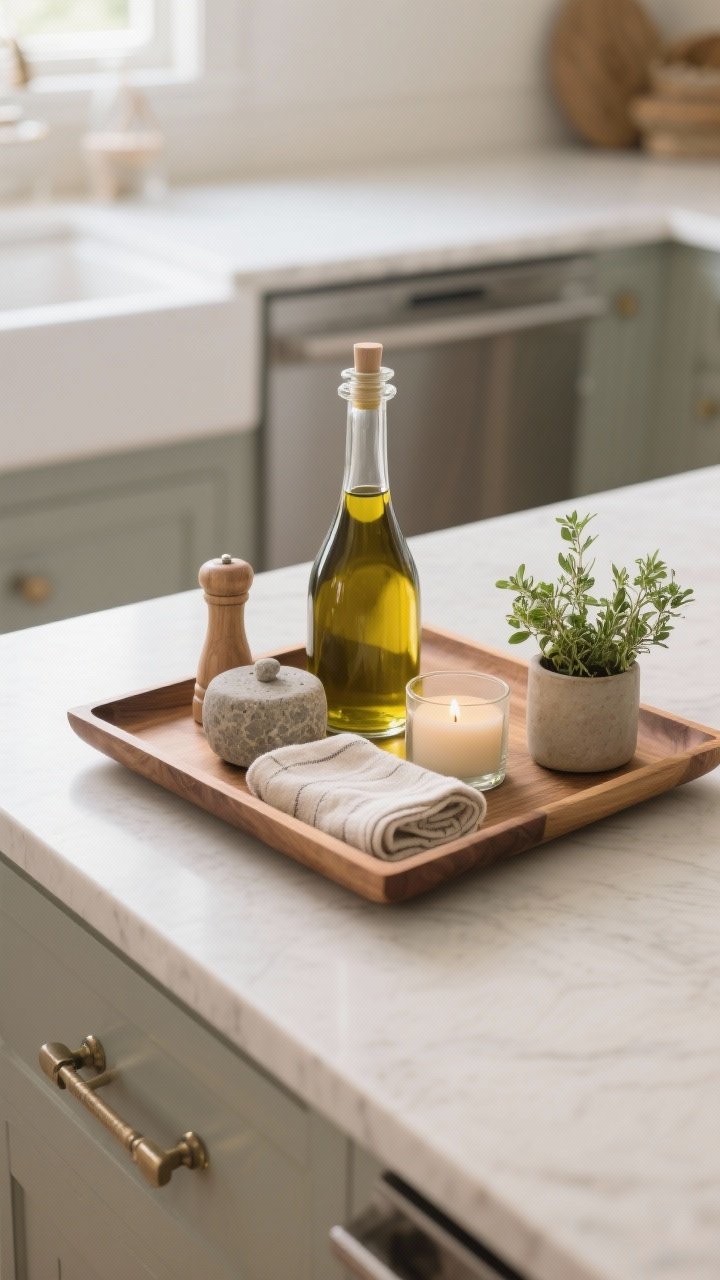 Medium shot, slight corner angle of a curated low wooden tray on a kitchen island styled with everyday luxuries: a sleek olive oil decanter, a stone salt cellar, a small linen towel, a candle, and a petite potted herb. Include one tall, one medium, one small object for height variation. Natural materials (wood, stone, linen), metals matching kitchen hardware, soft morning light, uncluttered backdrop.