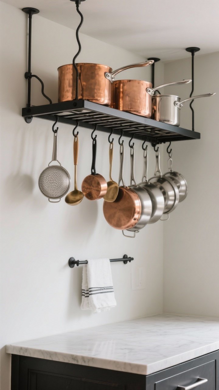 Medium shot, slight upward angle: A centered ceiling-mounted pot rack over the island with neatly edited copper and brushed stainless pots, strainers, and ladles. Alternatively, a black wall rail with S-hooks holding pans and towels. Balanced composition—nothing hanging too low—showcasing gleaming cookware against a calm backdrop.