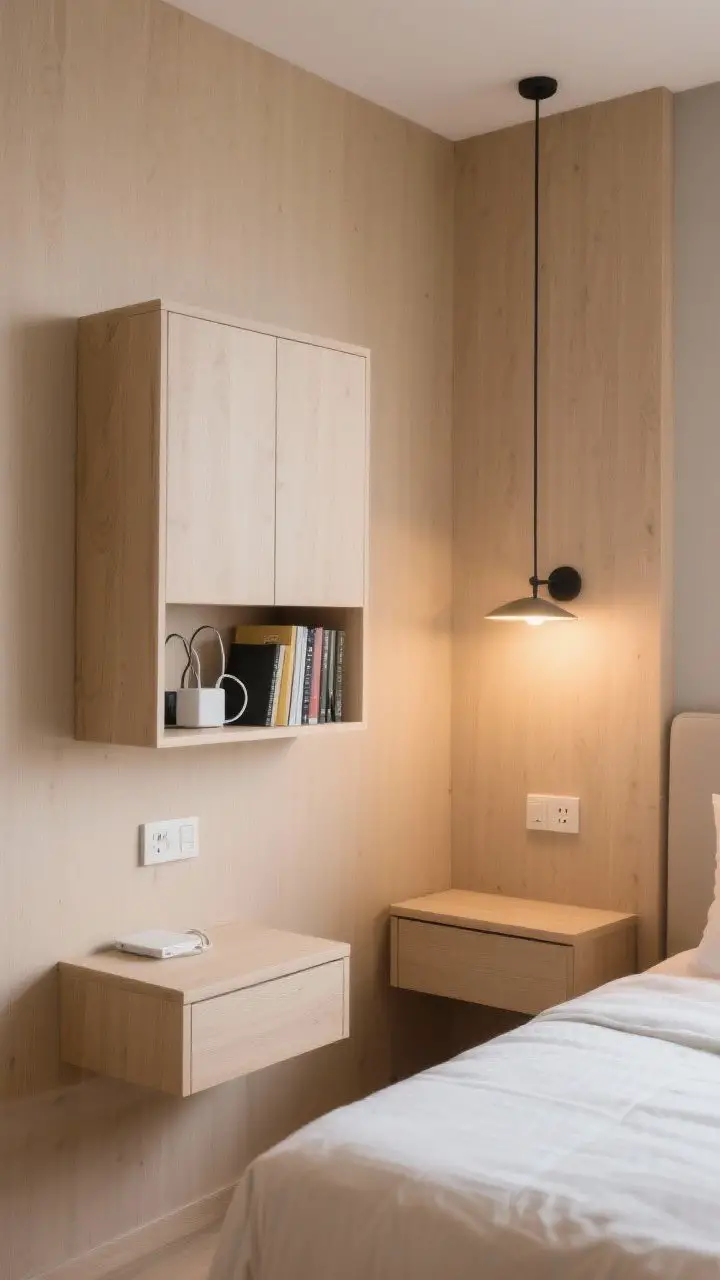 Medium shot: Small bedroom wall with floating nightstands and a sleek wall-mounted cabinet beside the bed to save floor space. Minimal lines in light wood, paired with wall-mounted plug-in sconces for that boutique hotel feel. The cabinet discreetly corrals chargers and books; surfaces remain uncluttered. Soft warm lighting, slight corner angle.