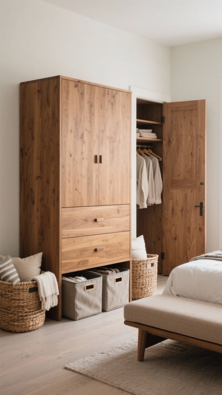 Medium shot: Smart storage that blends in—tall dresser in warm wood with minimal hardware, coordinated baskets for throws and pillows beside it, slim under-bed bins partially pulled out for seasonal storage; a cushioned bed bench with hidden compartment at the foot; closet doors ajar revealing matching hangers; organized, calm vibe.