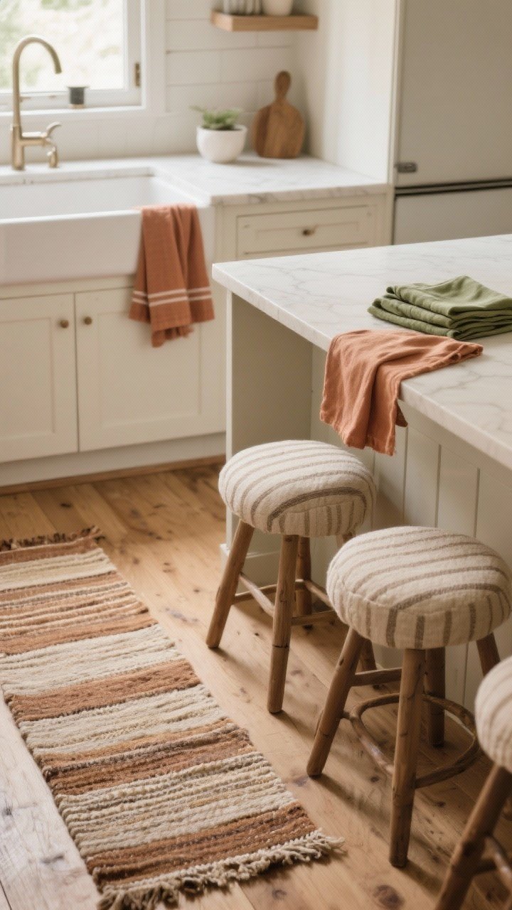Medium shot: Softened kitchen with organic textiles—a flatweave runner in earthy tones along a wood floor, linen tea towels in clay and oat draped at the sink, sage napkins folded on the counter, neutral textured stool cushions at the island. Patterns are subtle (thin stripes/tone-on-tone), warm natural light, cozy yet minimal, photorealistic, no people.