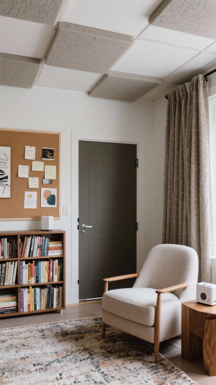 Medium shot: Soundproofing focus—acoustic ceiling tiles with clean, modern lines replacing the drop-ceiling look; a solid door with a visible door sweep and weatherstripping; soft materials layered in the room: thick curtains, upholstered chair, substantial area rug, and a bookshelf packed with books; a large corkboard with layered notes and art, a compact white noise machine on a side table.