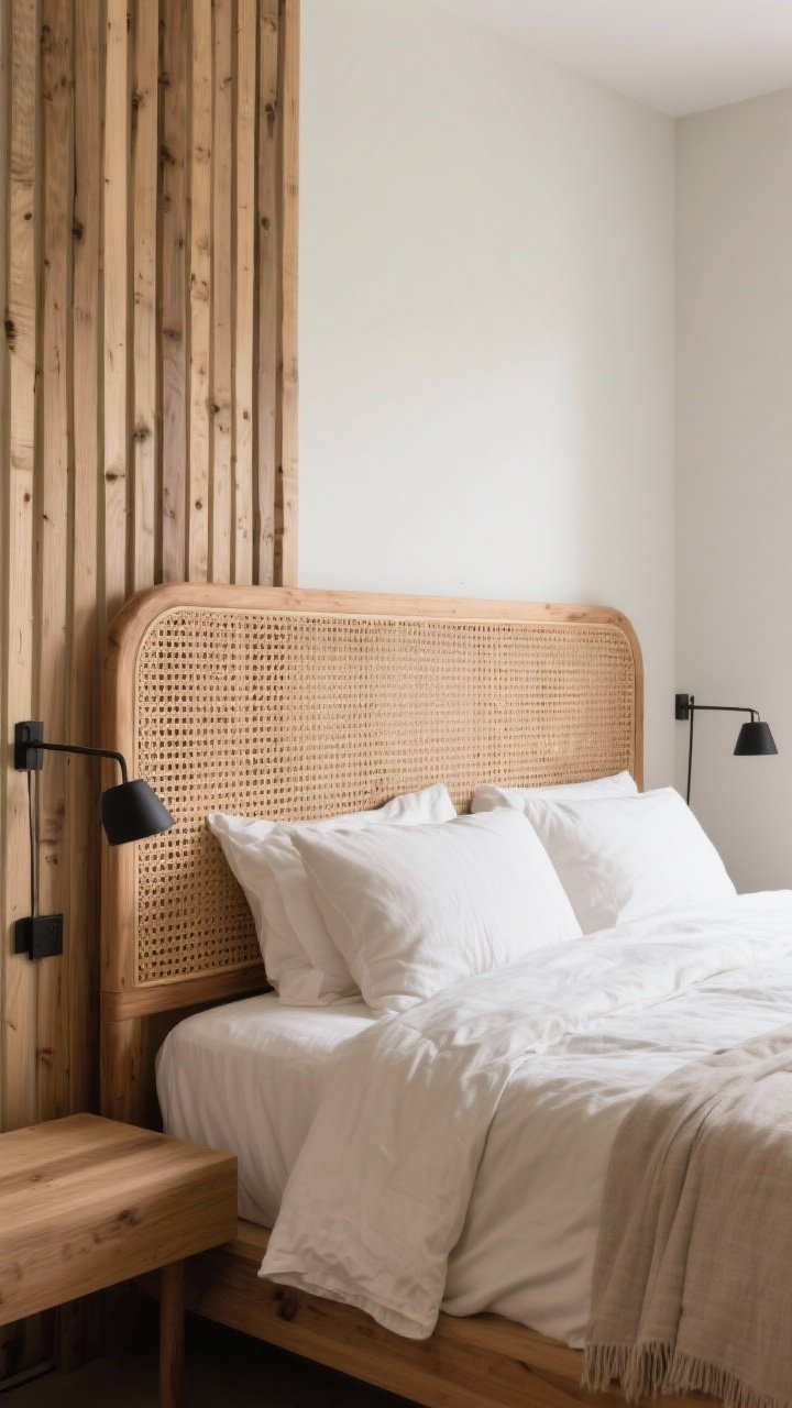 Medium shot: Statement headboard focus—a woven rattan/cane headboard framed in natural wood, paired with crisp linen bedding in neutrals. Alternatively, include a vertical DIY wood slat wall behind the bed for an earthy, custom look. Muted tones, soft natural light. Subtle black metal reading lights for modern balance. Corner angle, photorealistic.