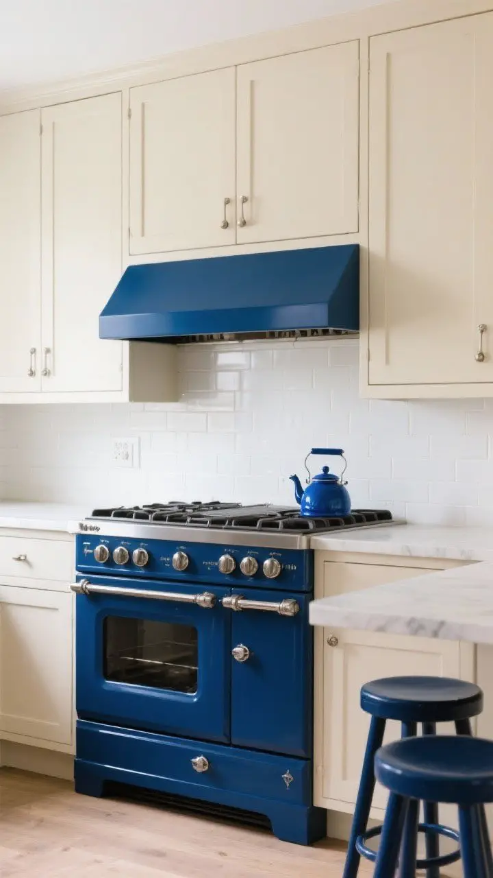 Medium shot: Statement navy vintage-style range with matching blue hood cover, surrounded by neutral cream cabinets and simple white tile. Two small blue accents repeated: a cobalt tea kettle and navy stools at a nearby counter. Soft daylight, brushed metal hardware, subtle styling so the appliances pop. Three-quarter angle focused on the range wall.
