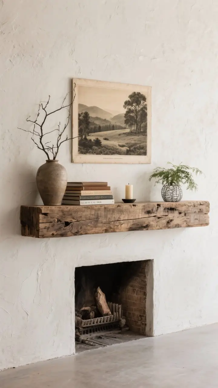 Medium shot, straight-on: A chunky reclaimed wood floating mantel used as a focal shelf on a plastered wall; anchored by a large vintage landscape print, layered with horizontally stacked books, a ceramic vase with branches, a candle, and a small plant; wire-brushed, waxed wood finish for a timeworn feel; balanced composition with negative space.