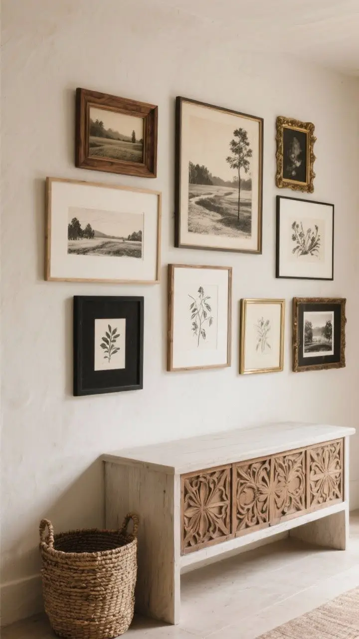 Medium shot, straight-on: A curated wall with rustic art—a gallery of landscapes, botanical prints, charcoal sketches, and black-and-white photos in simple black, oak, and antique brass frames; below, a console with a carved wood panel and a woven basket leaning casually; neutral wall color to let the art shine; even, soft lighting.