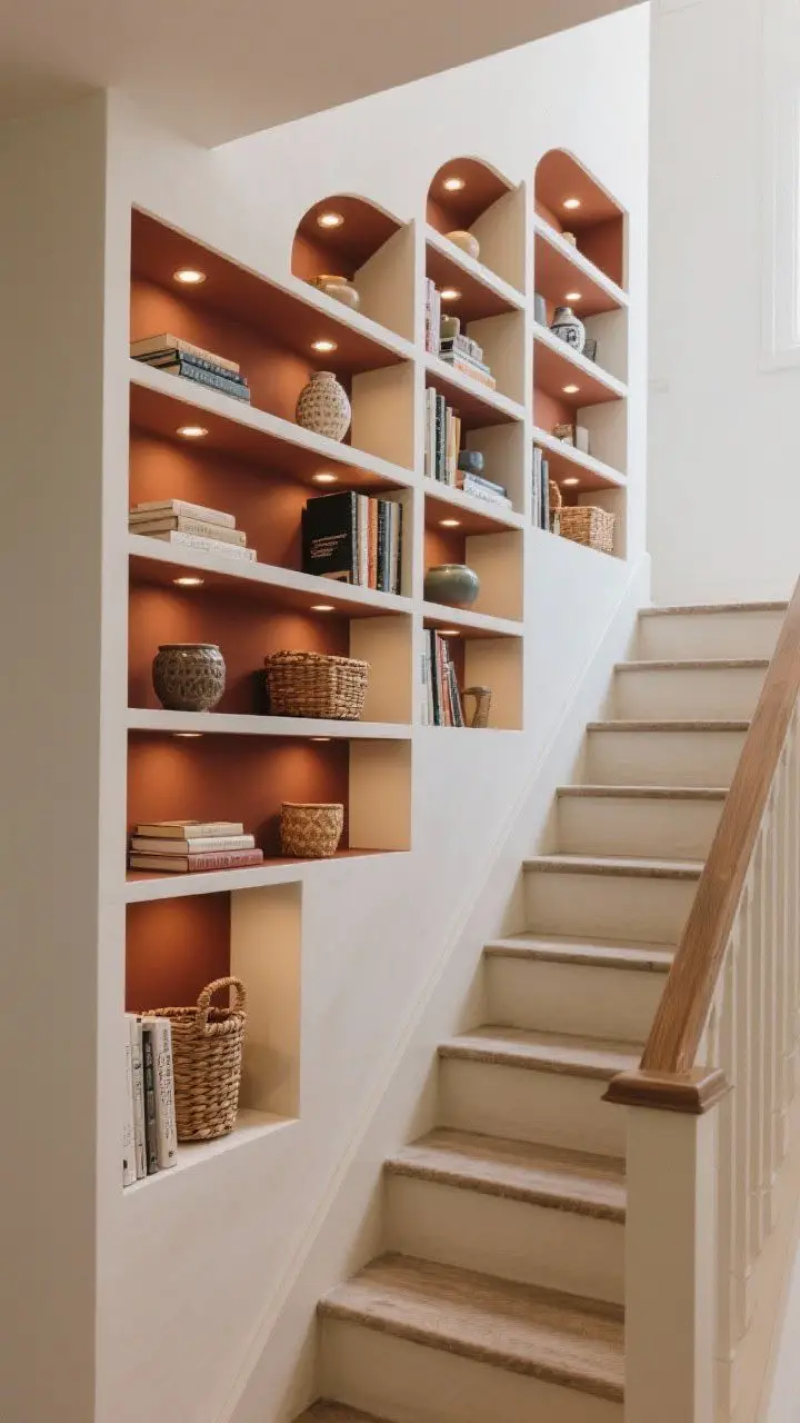 Medium shot, straight-on: A long staircase wall transformed into built-in bookcase shelves, 9 inches deep, running with the stair rise. Sections feature small recessed puck lights above to create gallery-like pools of warm light. The backs of the shelves are painted a contrasting deep clay color, while the frames are soft white. Styled with books, woven baskets, and ceramics; handrail kept low profile for safety.