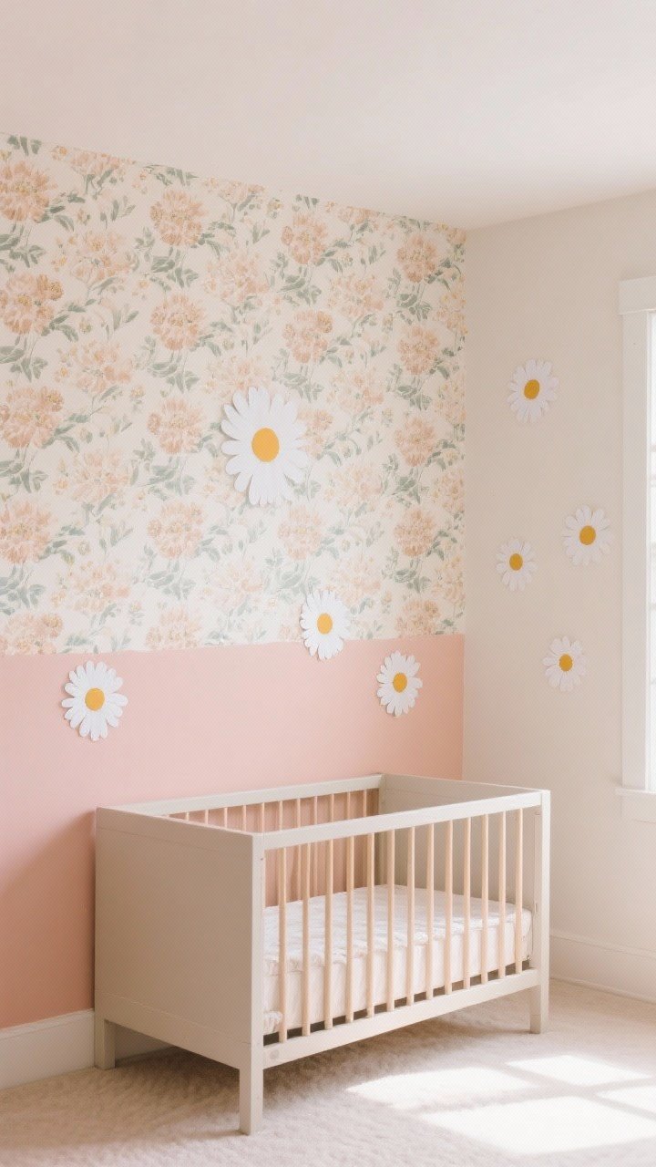 Medium shot, straight-on: A statement wall in a nursery featuring peel-and-stick floral wallpaper with a scaled, not-overwhelming print; adjacent wall shows a half-painted treatment (lower half blush, upper half neutral warm white) creating instant architecture, with a few oversized daisy decals arranged playfully; simple crib in front for scale, removable look emphasized, soft natural lighting.