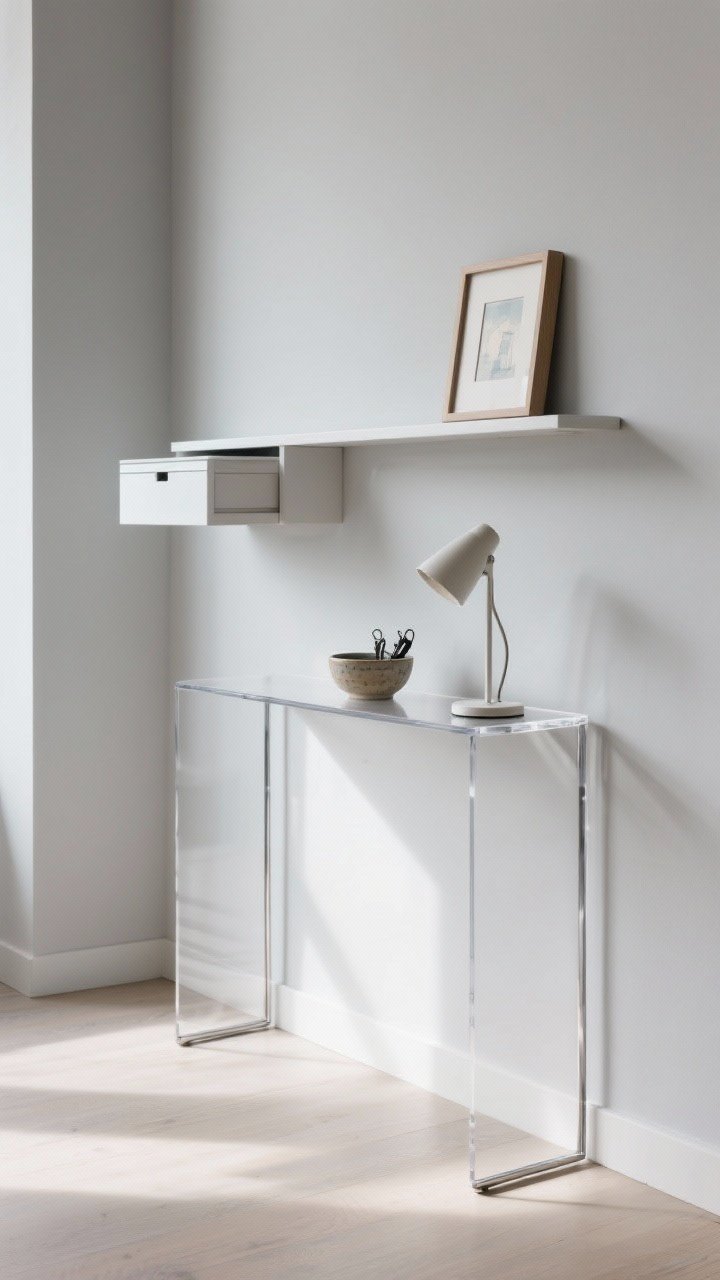 Medium shot, straight-on: A super-skinny acrylic console (10 inches deep) with an open metal frame base, wall-mounted floating ledge above, and a single shallow drawer for hidden storage; styled simply with a small ceramic bowl for keys, a petite lamp, and one framed artwork; pale gray walls, uncluttered floor, natural morning light for a light and modern feel.