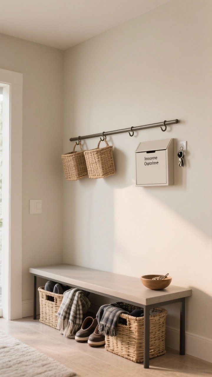 Medium shot, straight-on: A tidy drop zone with one double hook per person along a rail, closed lidded baskets beneath a slim bench hiding shoes and scarves, wall-mounted mail trays labeled Incoming and Outgoing, and a small bowl for keys next to a hidden magnet strip; neutral tones, warm ambient light, visually calm and clutter-free.