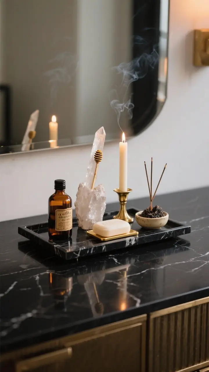Medium shot, straight-on: An altar-like vanity styled on a black marble tray holding amber glass soap and oil bottles with vintage labels, a raw selenite wand repurposed as a brush holder, a beeswax taper in a brass holder, and a stick of smoky resin incense in a ceramic dish; tight palette of black, brass, and cream; soft, candlelit glow reflecting gently on a dark vanity top; photorealistic.
