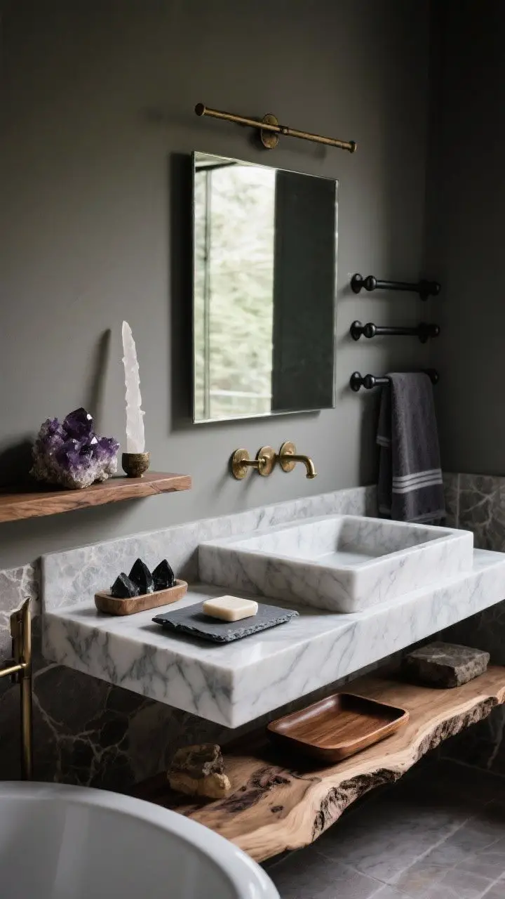 Medium shot, straight-on: Elemental accents arranged around a vanity and tub—slate soap dish, marble tray with obsidian crystal, amethyst cluster on a shelf, selenite wand by the mirror; aged brass hooks and matte black towel bar repeat across the space; a live-edge wood shelf and a teak bath tray add warmth; cohesive mix of stone, metal, and wood; moody lighting; photorealistic.