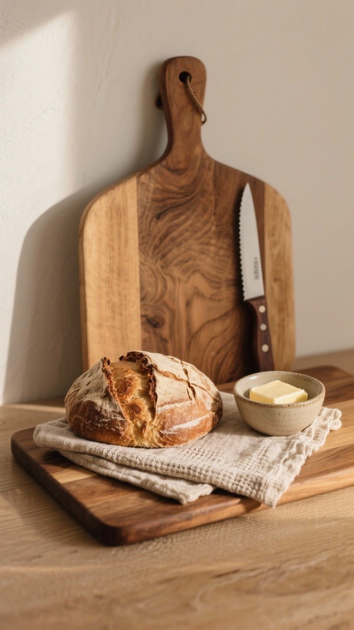 Medium shot, straight-on, of a bread board still life: a large wooden board layered with a natural linen towel, a crusty artisanal loaf (scored top), a ceramic butter dish or small salt bowl, and a handsome bread knife in a sheath. Emphasize textures—wood grain, linen weave, rustic bread crust—warm late-afternoon light.