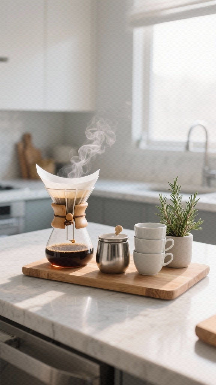 Medium shot, straight-on, of a compact coffee bar mini-station on a wooden cutting board platform atop the island: a French press or pour-over cone, a sleek sugar bowl, stackable mugs, and a small potted rosemary. Clean, functional styling with early morning natural light, minimal clutter, subtle steam hint from the carafe.