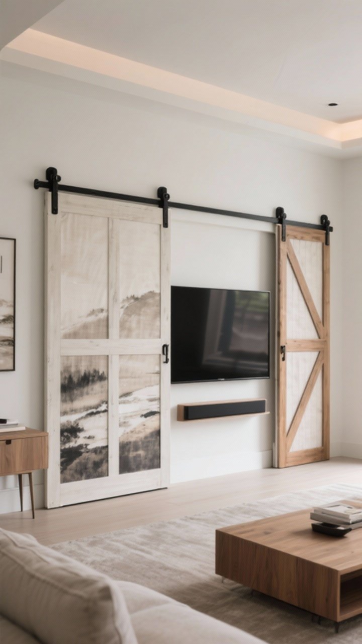 Medium shot, straight-on of a conceal-and-reveal installation: a TV hidden behind barn-door style sliding art panels with printed canvas, minimal black hardware; alternative bi-fold frames partially open to reveal the screen; a hinged fabric panel with wood frame visible as a secondary option in the same scene; finishes coordinated with the room palette; tidy, modern styling with soft ambient light; photorealistic.