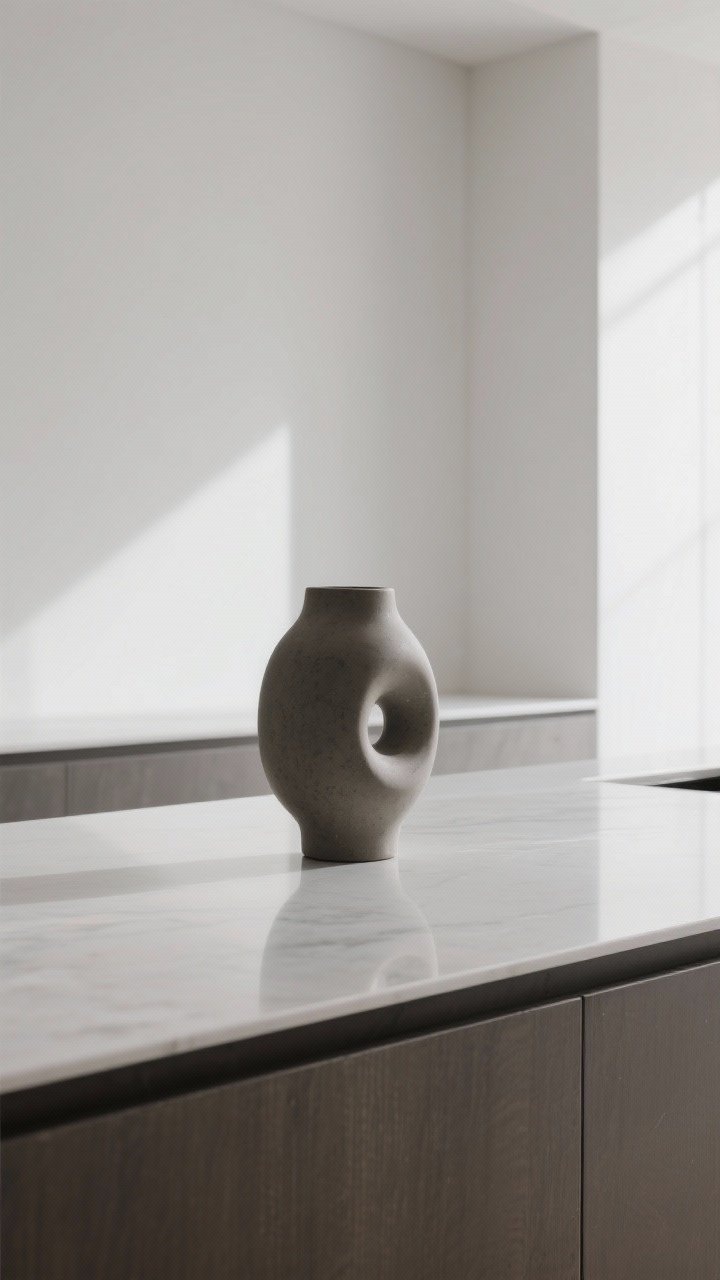 Medium shot, straight-on, of a single statement sculpture or ceramic on a clear island surface: a slightly oversized matte stoneware or plaster piece with strong form. Use color contrast against the countertop (dark piece on light counter or vice versa). Minimalist scene with generous negative space, even daylight for crisp shadows.