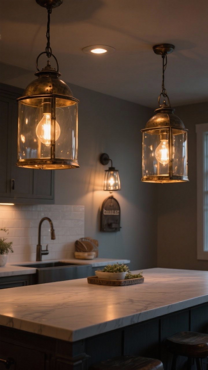 Medium shot, straight-on over the island: Two oversized lantern-style pendants with aged brass finish and warm 2700K LED bulbs glow above the island; a schoolhouse glass flush-mount in the background and a barn-style sconce over the sink. Moody, cozy evening lighting that avoids “builder basic,” highlighting metal finishes and glass shapes.