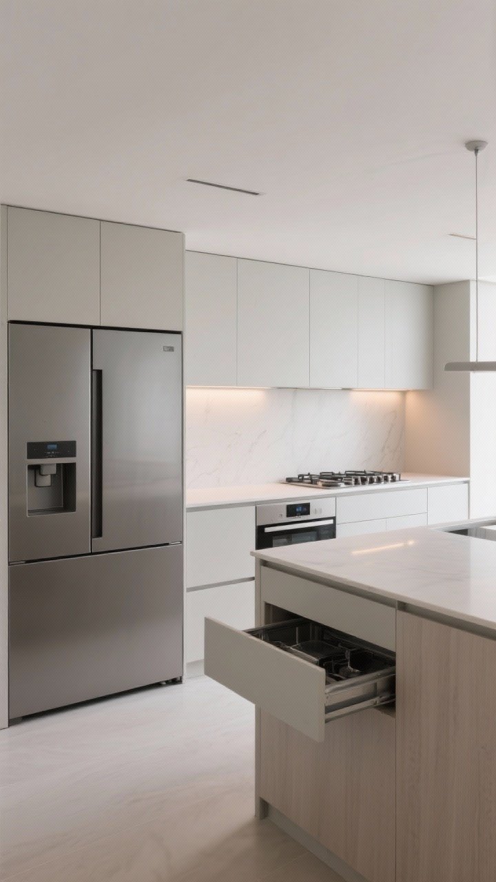 Medium shot, straight-on: Sleek, low-profile appliances—panel-ready fridge and dishwasher seamlessly integrated into cabinetry, an induction cooktop flush with the counter, a concealed microwave as a drawer in the island. Minimal visual breaks, calm surfaces, clean lines, soft under-cabinet task lighting, photorealistic, no people.