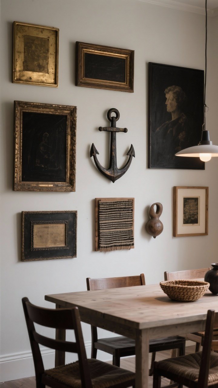 Medium shot, straight-on wall view: A collected gallery wall above the dining table. Start with one larger anchor artwork off-center, then build around it with mixed frames—aged brass, black, and natural wood—plus a textile piece and a small sculptural object or woven basket to break up rectangles. Use moody, dramatic art tones for dining ambiance. Soft, indirect lighting that lets the art cluster breathe with varied heights and spacing.