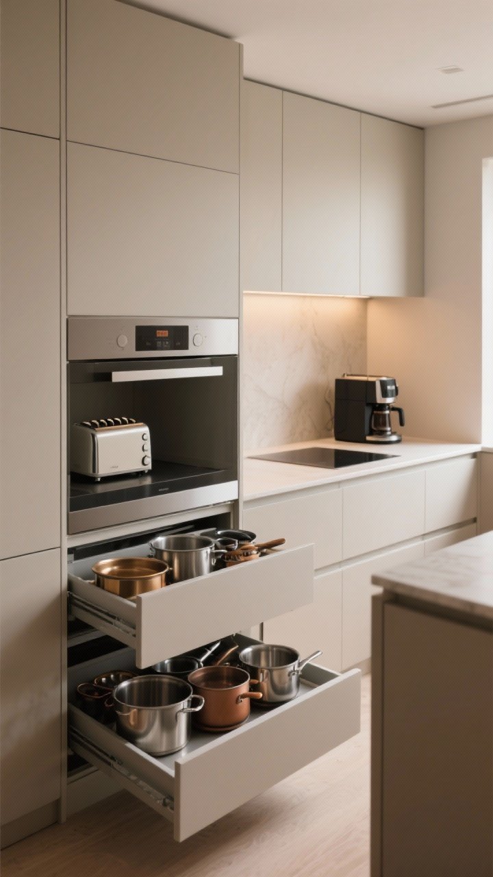 Medium shot: Streamlined storage—flat-front slab cabinetry with concealed appliance garage door slightly open revealing a toaster and espresso machine, deep drawers pulled out to show organized pots and pans, uncluttered counters, warm neutral palette, soft diffused lighting for a calm, clutter-free look, photorealistic, no people.