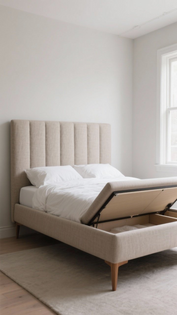 Medium shot: The bed as the focal point—upholstered headboard in soft textured neutral fabric, mid-height to suit a modest ceiling; queen-size frame with a solid platform base and built-in lift-up under-bed storage partially open; clean-lined silhouette, warm wood legs; natural daylight from the side; scale feels intentional for a small-to-medium room.