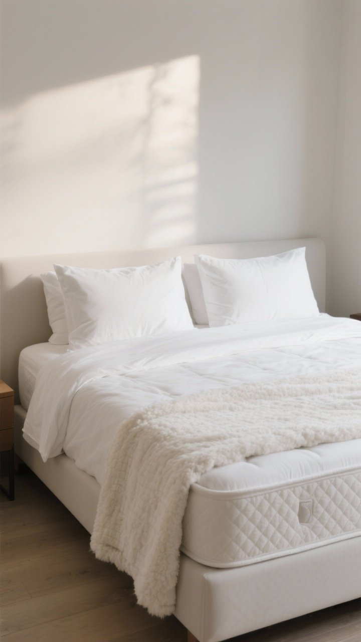 Medium shot: The guest bed showcasing a supportive medium-firm mattress with crisp 100% cotton white sheets, a lofty mattress topper visible at the edge, layered with a fluffy duvet and a light quilt folded at the foot. Two pillow types per side (one soft, one supportive) in clean white pillowcases, gentle warm daylight, minimal decor, photorealistic, slight corner angle.