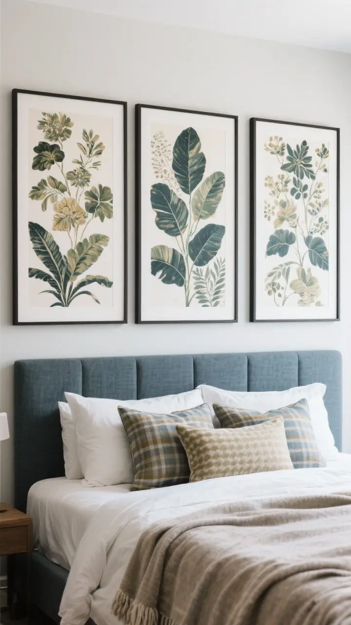 Medium shot: Three tall framed fabric or wallpaper panels (triptych) behind the bed, acting like a custom headboard wall. The print features a bold yet refined botanical in colors echoed by pillows and a throw. Inexpensive canvas frames wrapped with fabric for a high-impact, modular look. Balanced daylight, straight-on composition.