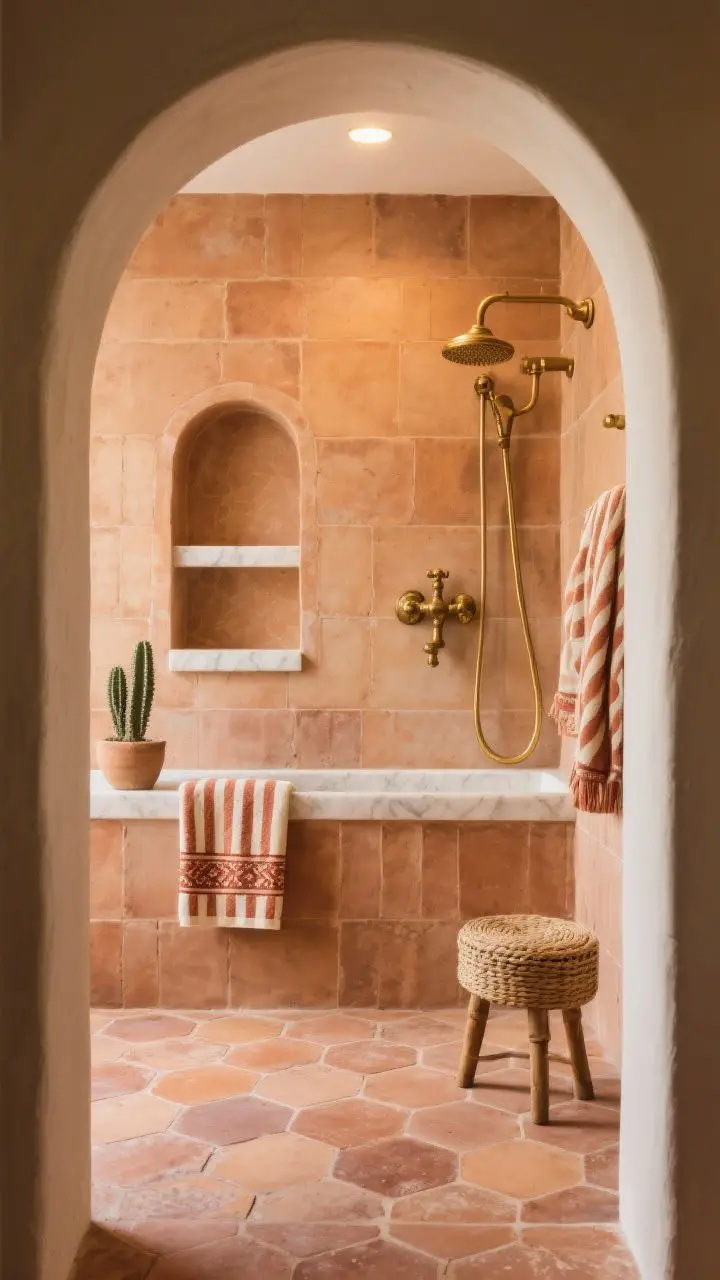 Medium shot through an arched entrance into a terra-cotta-warm shower: handmade terra-cotta wall tiles in soft sun-baked tones, sealed terra-cotta hex floor with gentle patina; antique brass fixtures; matching arched niche with a white quartz sill; warm 2700K recessed light tucked into the arch; styled with striped Turkish towels in rust and cream, a woven stool, and a small cactus on a ledge; golden, romantic ambiance from a straight-on viewpoint.