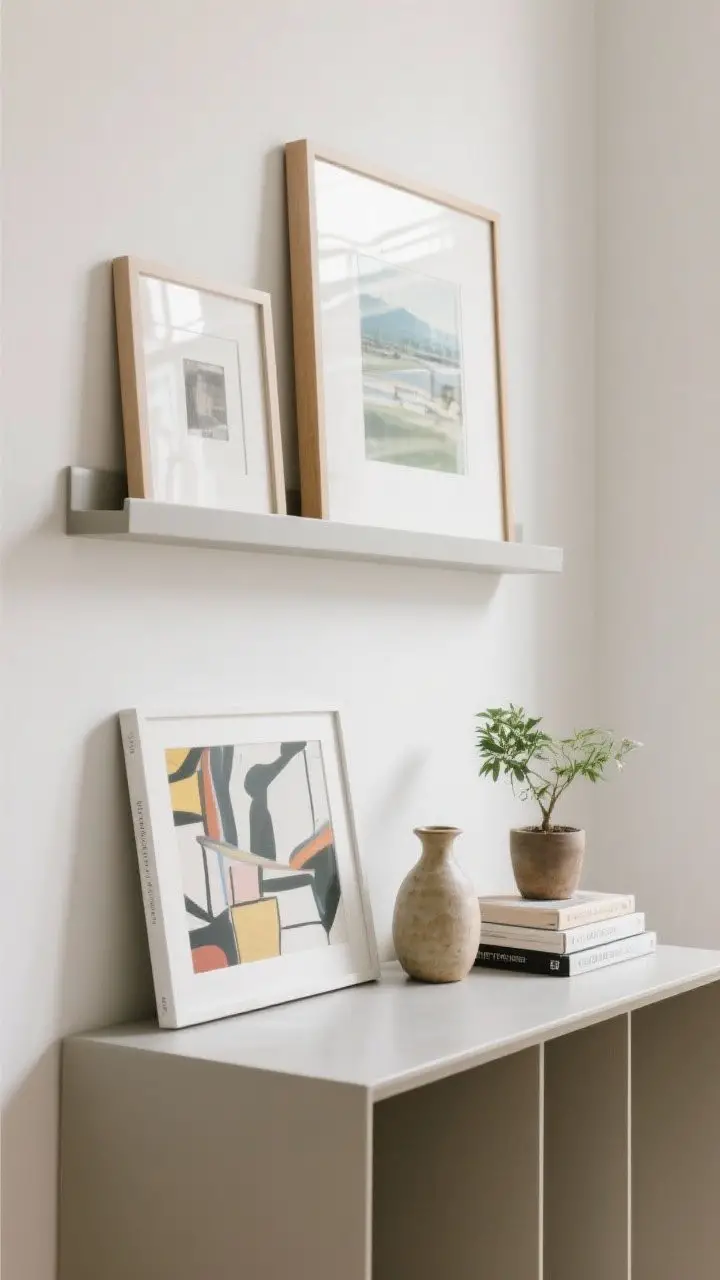 Medium shot: Two slim art ledges stacked 11 inches apart over a console, styled with leaning frames in mixed portrait and landscape orientations, a couple of art books, a small ceramic vase, and a tiny potted plant to break up rectangles. Casual, collected look with easy-to-swap pieces. Bright but diffused daylight, straight-on view.