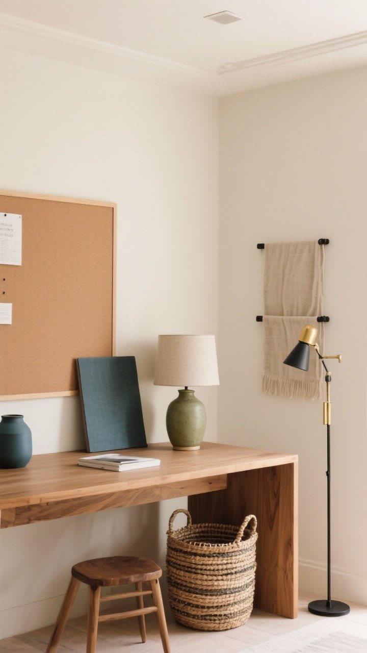 Medium shot: Warmth via color and texture—light walls with a warm ivory tone, accents in soft clay and muted olive, slate blue accessories; a wood desk, linen-covered pinboard, ceramic table lamp, and woven baskets for storage; brass and matte black metal accents for a tailored finish; soft textiles introduce mood while keeping the ceiling light and the space focused.