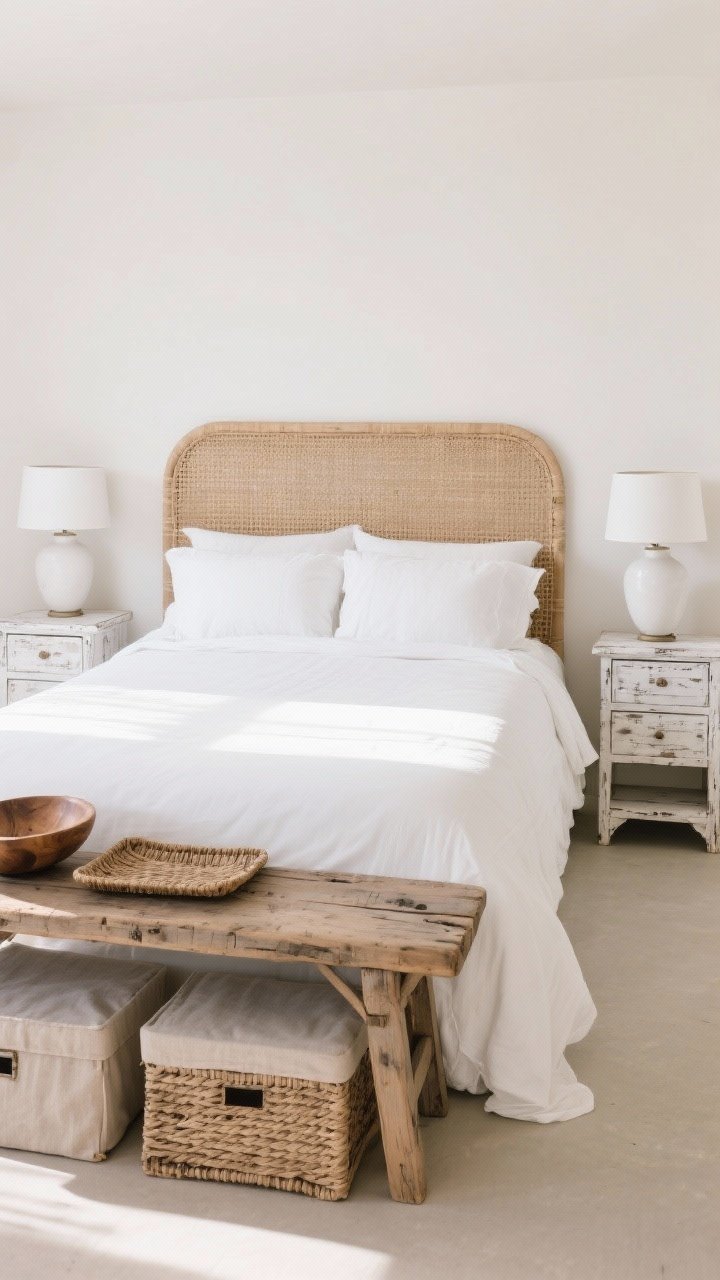 Medium shot: Weathered wood and natural materials—whitewashed nightstands flanking a bed with crisp white bedding, a reclaimed wood bench at the foot, and a cane headboard. Accessories include a wood bowl, woven tray, and linen-covered storage boxes. Balance rustic textures with clean-lined white ceramic lamps. Sun-bleached, relaxed feel under soft daylight.